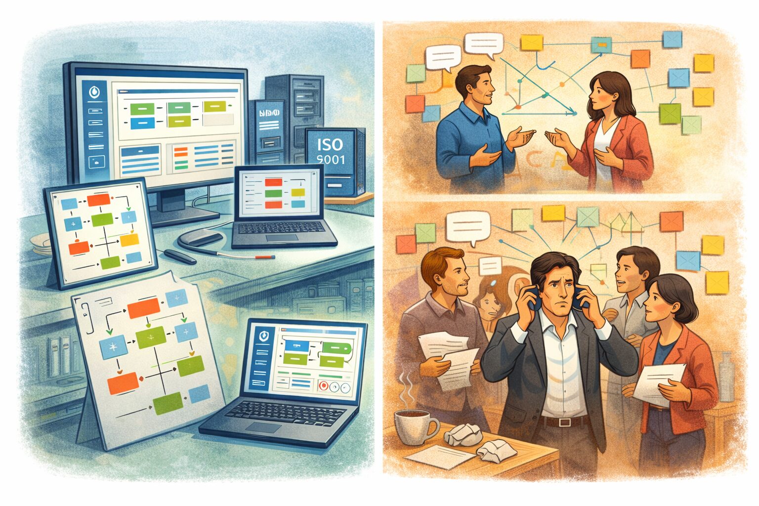 Alla organisationer har ett ledningssystem Illustration som visar kvalitetsledningssystem enligt ISO 9001 med processer, flödesscheman och samarbete i organisationer.