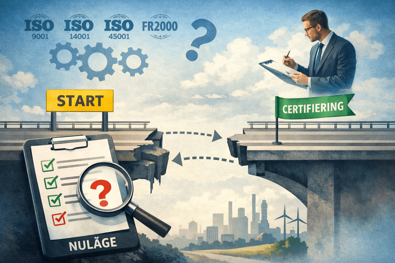Är ert ledningssystem redo för certifiering? Illustration som visar gapet mellan nuläge och certifiering i ett ledningssystem, med fokus på ISO 9001, ISO 14001, ISO 45001 och FR2000.