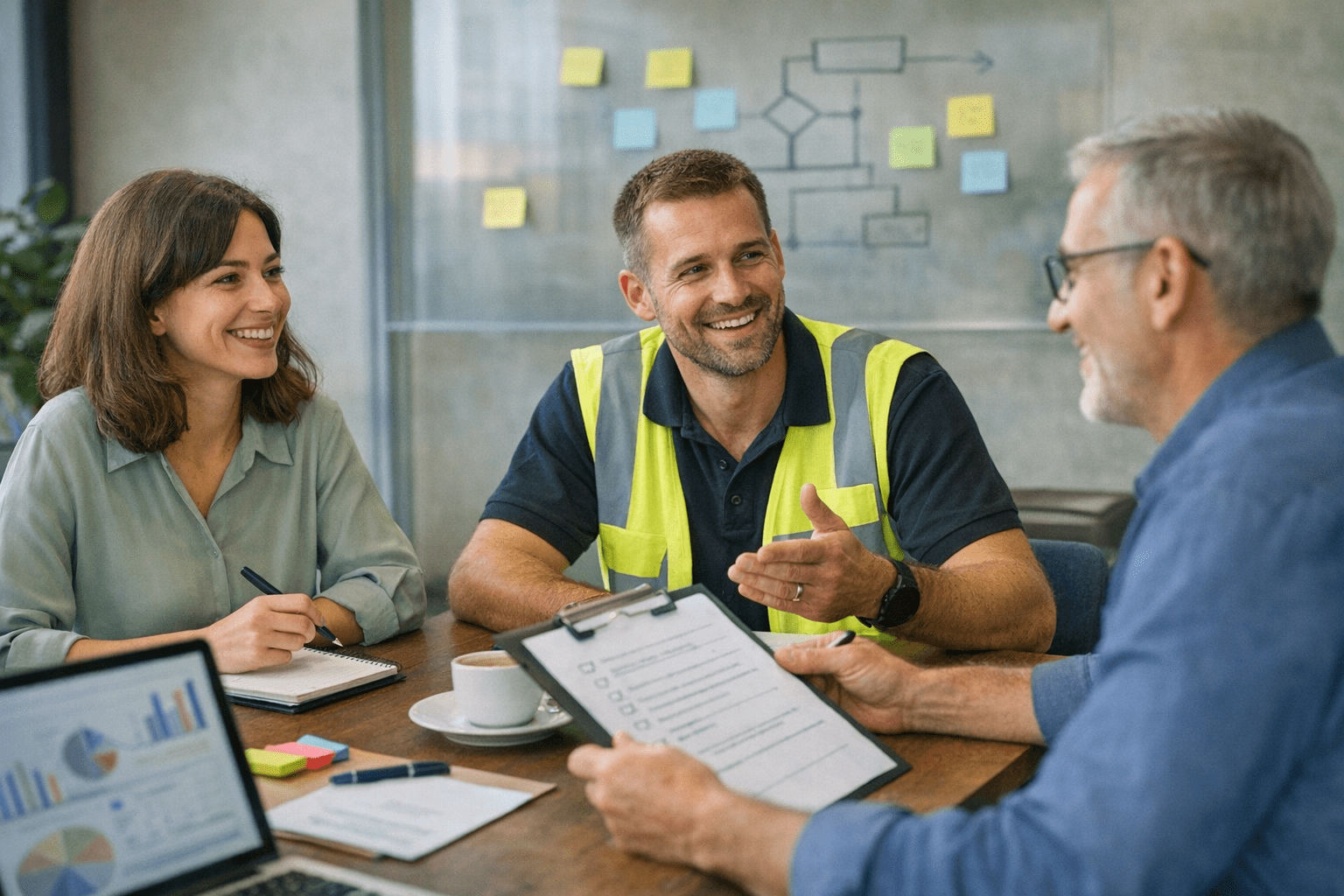 Internrevision som dialog Tre medarbetare i samtal under en internrevision, där fokus ligger på dialog, samarbete och förbättringar i verksamheten.