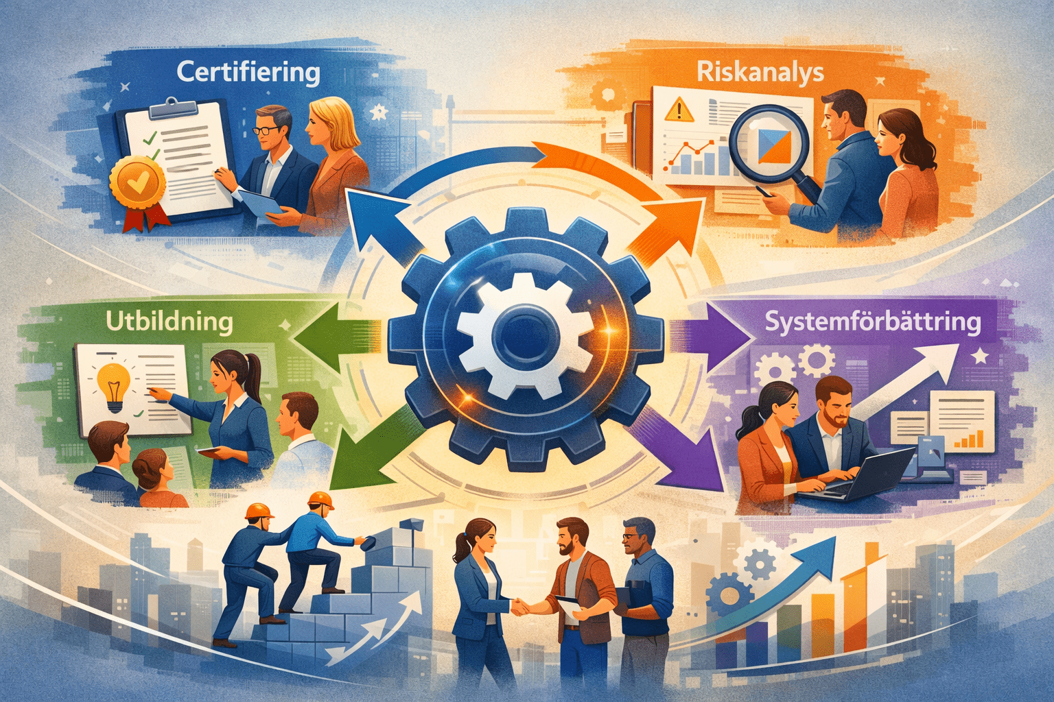 Ledningssystem på nästa nivå Digital illustration som visar ett ledningssystem i utveckling, med ett nav som symboliserar systemet, pilar mot moduler som certifiering, riskanalys, utbildning och systemförbättring, samt team som samarbetar för att ta systemet till nästa nivå.