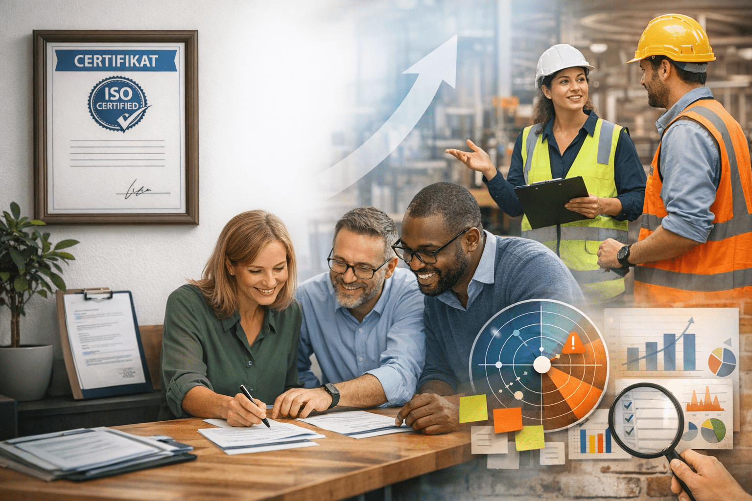 Kontinuerlig förbättring efter certifiering Team som arbetar tillsammans med processförbättring och uppföljning efter ISO-certifiering, med fokus på kvalitet, riskhantering och kontinuerlig utveckling.