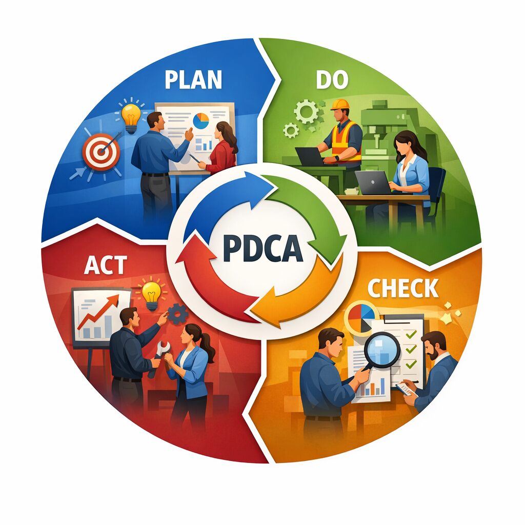 pdca-plan-do-check-act Illustration av PDCA som styrprocess för att få ledningssystem att leva.