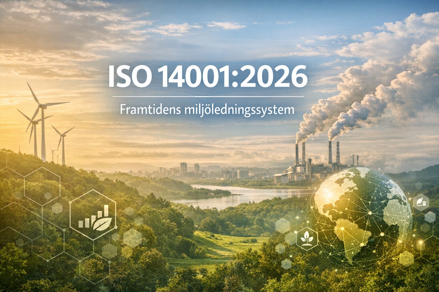 ISO 14001:2026 Illustration av ett modernt miljöledningssystem med natur, vindkraftverk och industribyggnader, som symboliserar hållbarhet och ISO 14001:2026.